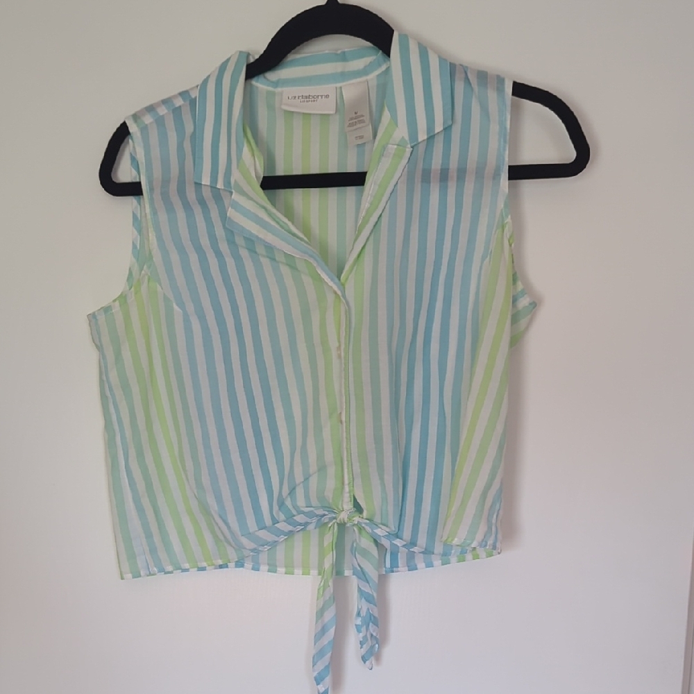 Liz Claiborne Striped Sleeveless Button Down in Blue and Green